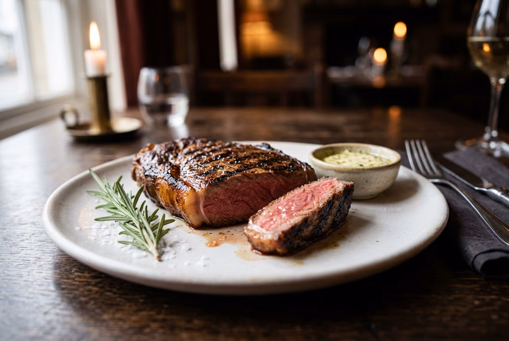 Gegrilltes Rumpsteak mit sichtbarem Fettrand, angeschnitten, rosa Kern, dazu Kräuterbutter und Rosmarin auf weißem Teller